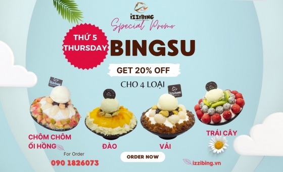 Thứ 5 giảm 20% cho 3 loại bingsu vải, bingsu chôm chôm ổi hồng, bingsu trái cây và bingsu 